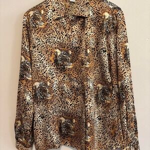 80s Boho Black Vintage Silk Leopard Cheetah Print Whimsical  Blouse Medium Large